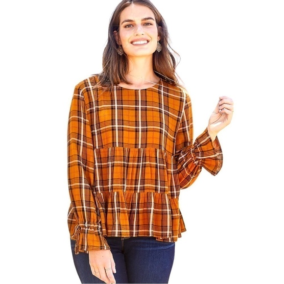 MAURICES, NWT, MUSTARD & BLACK PLAID, TIERED PEASANT TOP. LONG SLEEVE. SIZE XL - Picture 1 of 8